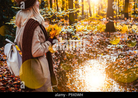 Side view of female holding bouquet of yellow autumn maple leaves in her gloved hands. Ground covered with orange leaves lightened by warm evening backlit sun light reflected in a pond Stock Photo