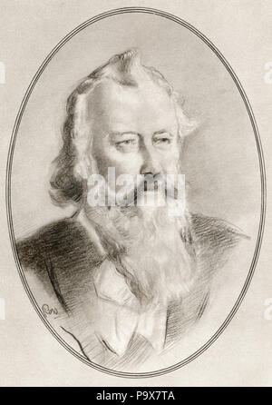 Johannes Brahms, 1833 – 1897.  German composer and pianist of the Romantic period.  Illustration by Gordon Ross, American artist and illustrator (1873-1946), from Living Biographies of Great Composers. Stock Photo
