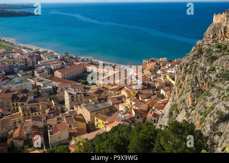 Aerial view of the city and red rooftops of Cefalu, Sicily, Italy, Europe