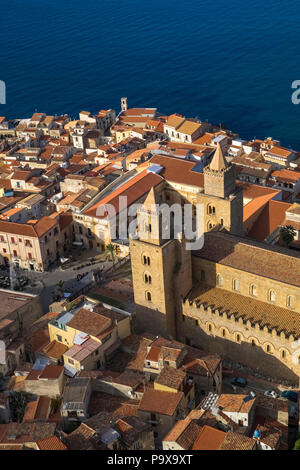 Aerial view of the twin towers of Cefalu Cathedral, Cefalu, Sicily, Italy, Europe