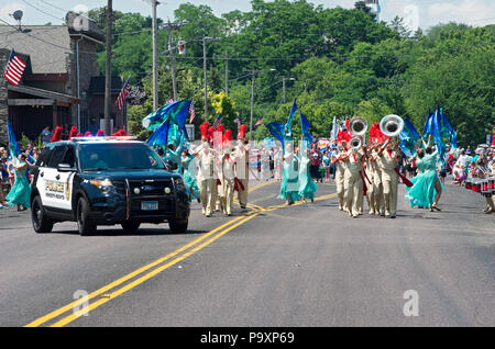 Mendota, Minnesota/USA – JULY 14, 2018: Sibley High School marching band performs at annual Mendota Days Parade. Stock Photo