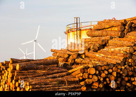 Logs bound for a biofuel power station in workington next to oil tanks in workington port, Cumbria, UK, with a wind farm in the background Stock Photo