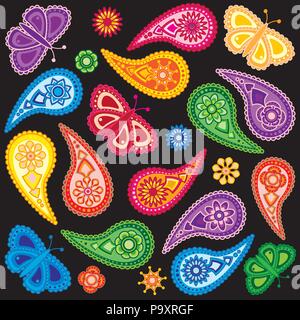 Flowers and Butterflies traditional paisley design seamless pattern background isolated on white background illustration Stock Vector