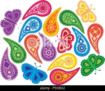 Flowers and Butterflies traditional paisley design pattern background isolated on white background illustration Stock Vector