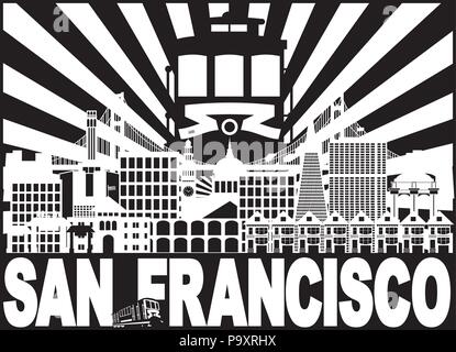 San Francisco California City Skyline with Trolley Sun Rays Golden Gate Bridge Black and White Text Illustration Stock Vector