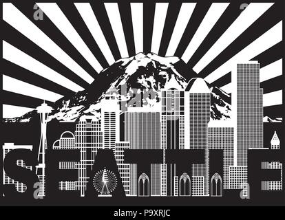 Seattle Washington Outline Silhouette with City Skyline with Mount Rainier Sun Rays Black Isolated on White Background Illustration Stock Vector