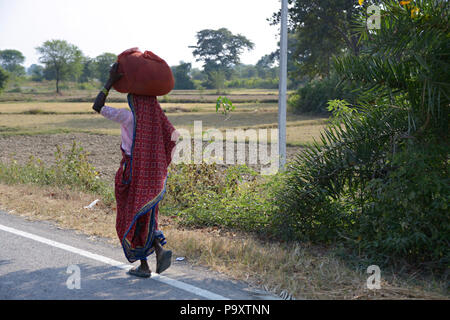 Indian local woman and wife of farmer, walking home after trading at a local market stall carrying her produce on her head. Stock Photo