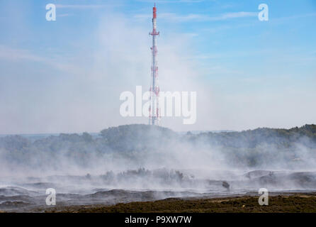 Controlled burning of old and dry heather at Morsum Cliff, Germany. Stock Photo