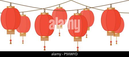 Garland with Chinese lantern chain, red asian traditional paper lamps without background, fairy lights, footer and banner for decoration, vector illustration Stock Vector