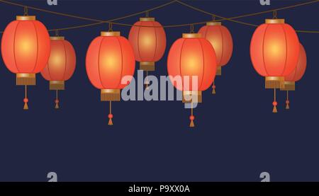 Garland with Chinese lantern chain, red asian traditional paper lamps on dark background, fairy lights, footer and banner for decoration, vector illustration Stock Vector