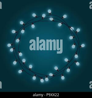 Light lamps garland wreath, front door fairy lights wreath, round place for text with shining bulbs, lighting bounding box and border, vector illustration Stock Vector