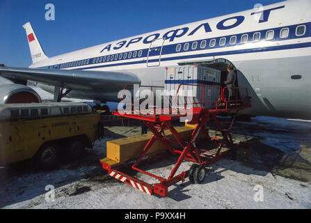 The Ilyushin Il-86 civil widebody airplane of Aeroflot Soviet Airlines demonstrates its lower-deck loading possibilities. Stock Photo