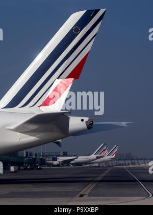 A line-up of civil jet airplanes of Air France at Charles de Gaulle Airport, Paris, France Stock Photo