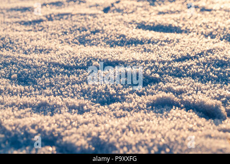 beautiful ice crystals formed on a snowdrift in winter, the surface of a snowdrift is well illuminated by the sun and shines, sparkles from the light  Stock Photo