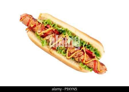 Hot dog with long sausage and vegetables on white Stock Photo