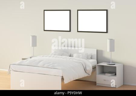 Two blank horizontal posters in bedroom over white bed. Isolated with clipping path around poster frame. 3d illustration Stock Photo