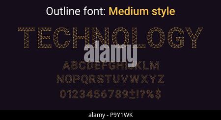 Golden handmade font in the Outline style. Vector golden Alphabet with Connections, Lines, Polygonal structure and knots. Medium style with uppercase  Stock Vector
