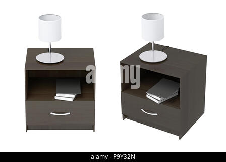 Set of dark brown nightstand with lamp and books isolated on white background Stock Photo