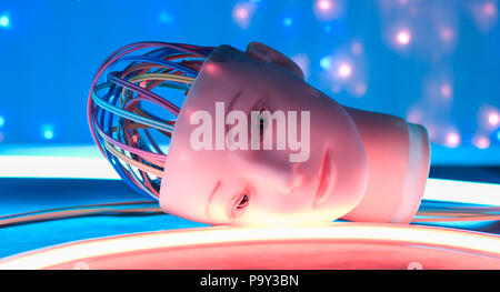 Realistic human robot head, science fiction female cyborg Stock Photo