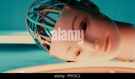 Artificial human robot head, futuristic robotic technology Stock Photo