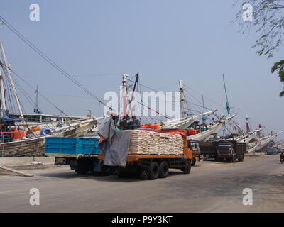 Boat at the Pier in Pasar Ikan and Muara Karang, a historic Jakarta fish market. Travel in Jakarta, the Capital of Indonesia. 4th October, 2012. Stock Photo