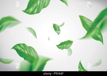 Dynamic green leaves flying in the air in 3d illustration Stock Vector