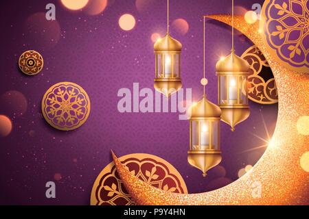 Islamic holiday background design with glimmer golden crescent and lantern elements in 3d illustration, purple background Stock Vector