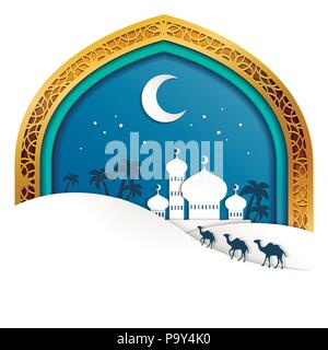 Islamic holiday design with mosque scenery in paper art style Stock Vector