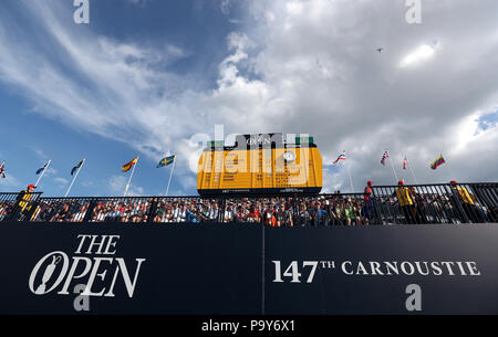 A view of the scoreboard on the 18th green during day one of The Open Championship 2018 at Carnoustie Golf Links, Angus. Stock Photo