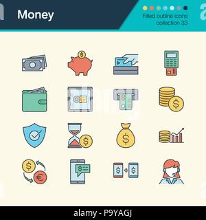 Money icons. Filled outline design collection 33. For presentation, graphic design, mobile application, web design, infographics. Vector illustration. Stock Vector