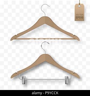 Set of realistic vector wooden cloth hanger isolated. Vector illustration Stock Vector