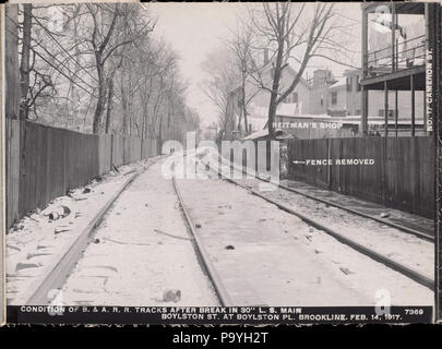 580 Distribution Department, Low Service Pipe Lines, condition of Boston &amp; Albany Railroad tracks after break in 30-inch main, Boylston Street at Boylston Place, Brookline, Mass., Feb. 14, 1917 Stock Photo