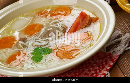 Polish Rosol , Noodle Soup, Traditional assorted Poland dishes, Top view. Stock Photo