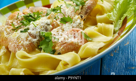 Crispy Cajun Shrimp Fettuccine with a super easy creamy sauce Stock Photo