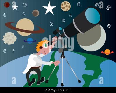An astronomer gazes into the night sky, Stock Vector