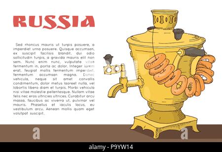 Banner with russian samovar with bagels on the table, inscription russia and place for text. Traditional russian food. Hand drawn doodle illustration Stock Vector