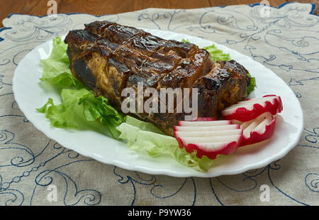 Jamaican Jerk Spare Ribs , Caribbean Barbecue , mouthwatering sweet and spicy paste made namely of three main jerk ingredients like chile peppers, all Stock Photo