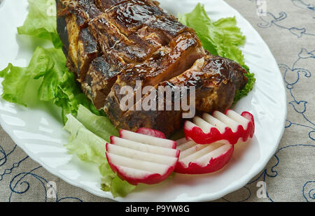 Jamaican Jerk Spare Ribs , Caribbean Barbecue , mouthwatering sweet and spicy paste made namely of three main jerk ingredients like chile peppers, all Stock Photo