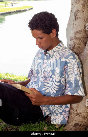 Teenage boy reading under tree in park  MR  © Myrleen Pearson  Ferguson Cate Stock Photo