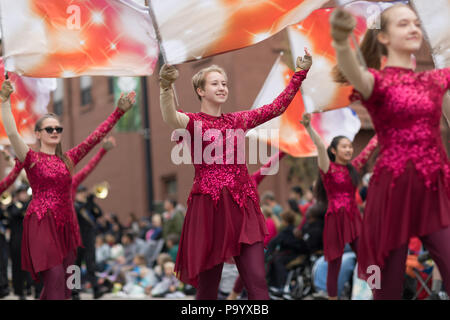 Holland, Michigan, USA - May 12, 2018 The Wildcats Mattawan Marching band at the Muziek Parade, during the Tulip Time Festival Stock Photo