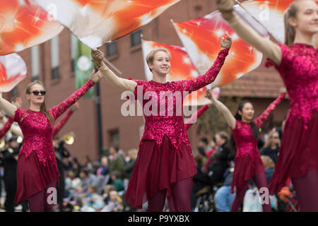 Holland, Michigan, USA - May 12, 2018 The Wildcats Mattawan Marching band at the Muziek Parade, during the Tulip Time Festival Stock Photo