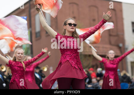 Holland, Michigan, USA - May 12, 2018 The Wildcats Mattawan Marching band at the Muziek Parade, during the Tulip Time Festival Stock Photo