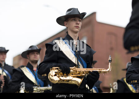 Holland, Michigan, USA - May 12, 2018 The Wildcats Mattawan Marching band at the Muziek Parade, during the Tulip Time Festival Stock Photo