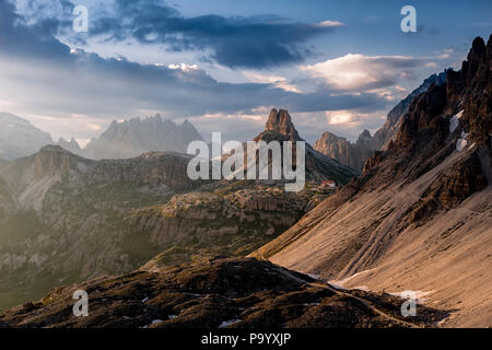 View towards rifugio Locatelli and Torre di Toblin) at golden hour Stock Photo