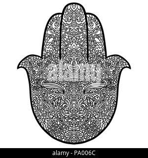 Hamsa symbol. Fatima hand pattern. Vector illustration. Indian mandala ornament for adult coloring books. Asian black and white authentic background. Stock Vector