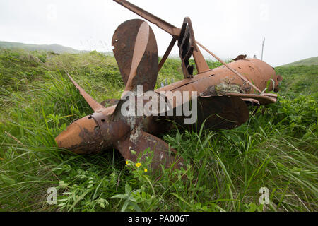 Abandoned Japanese Type A Ko-hyoteki midget submarine on Kiska Island. Stock Photo