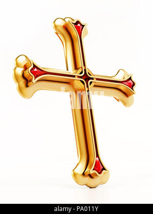 Gold cross isolated on white background. 3D illustration. Stock Photo