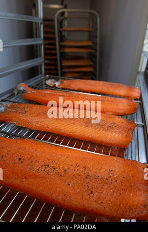 Trout fillet in the smoking oven, France, Europe Stock Photo