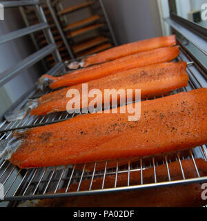 Trout fillet in the smoking oven, France, Europe Stock Photo