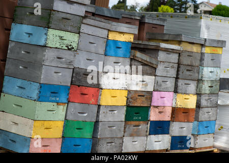 Beekeeping boxes stacked and ready to be transported, France Stock Photo
